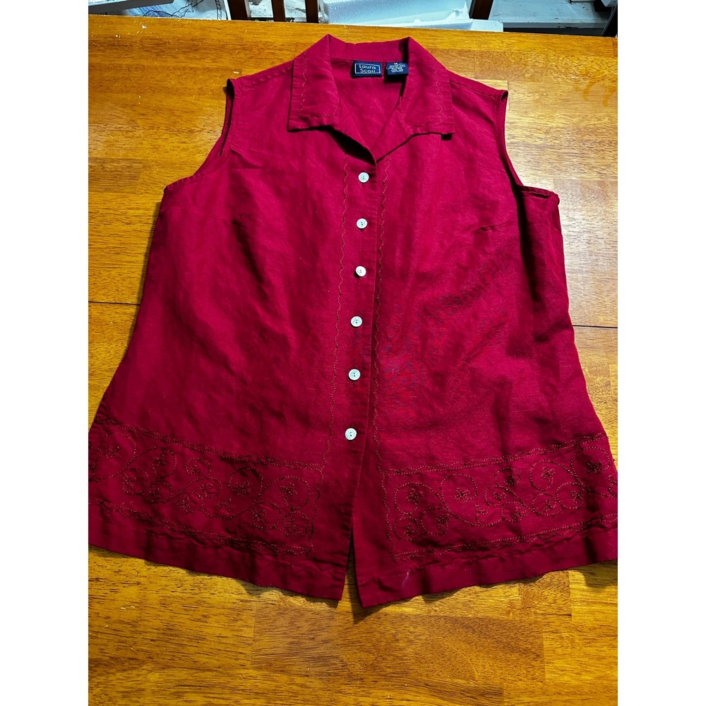 Laura Scott Red Linen Blend Sleeveless Embroidered Button Up Blouse Top Size 14